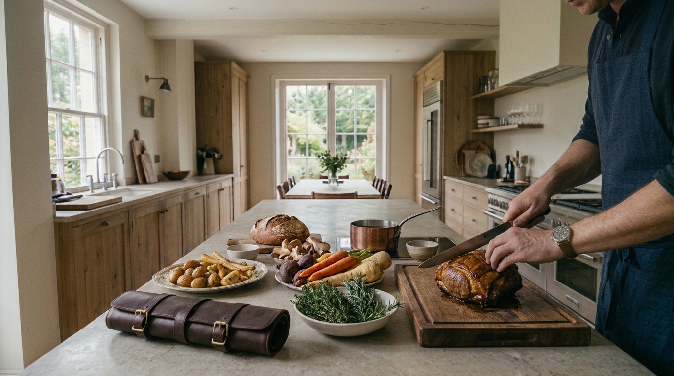 A chef preparing a meal in a bright home kitchen.