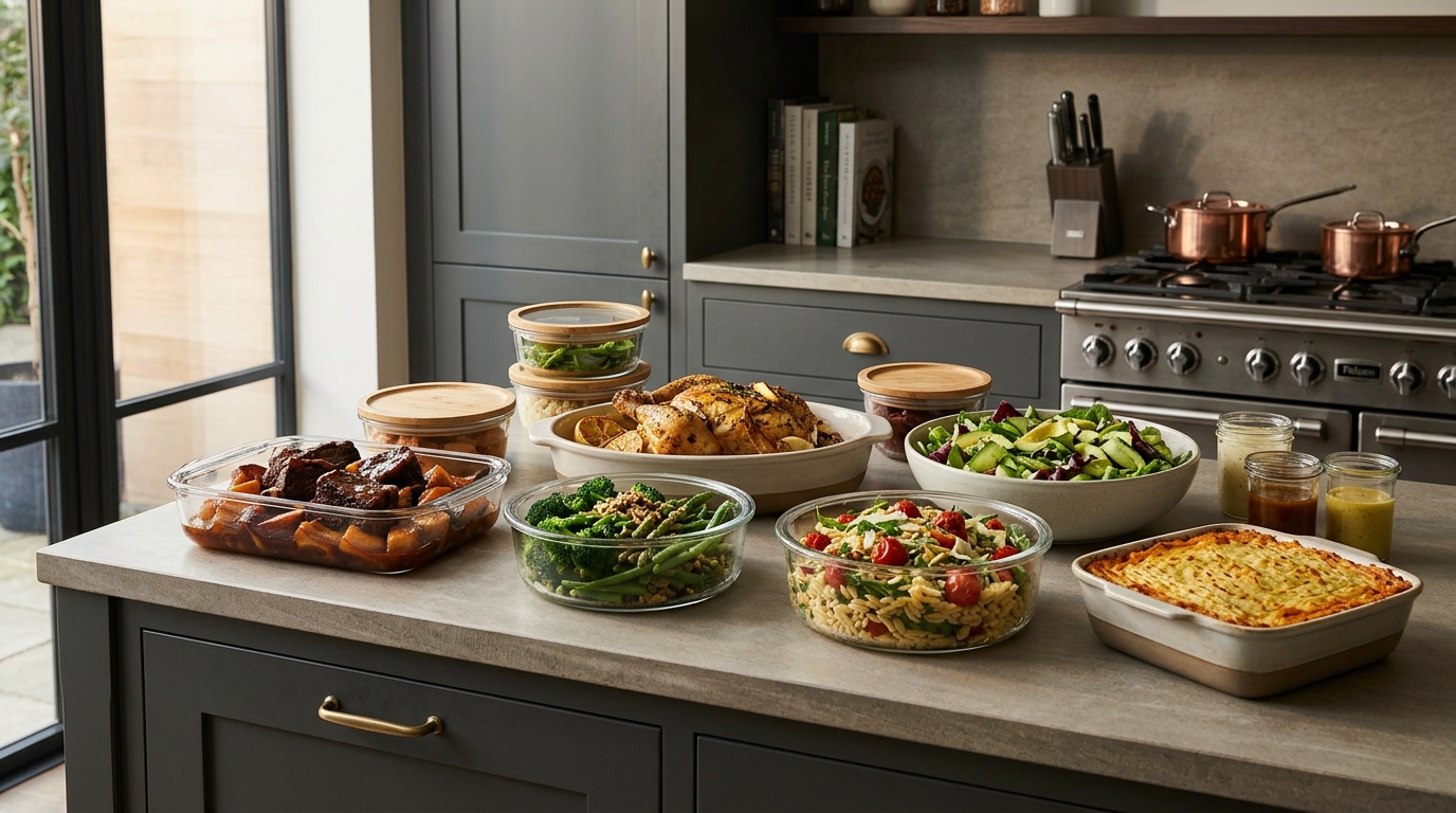 Freshly prepared meals portioned for a household.